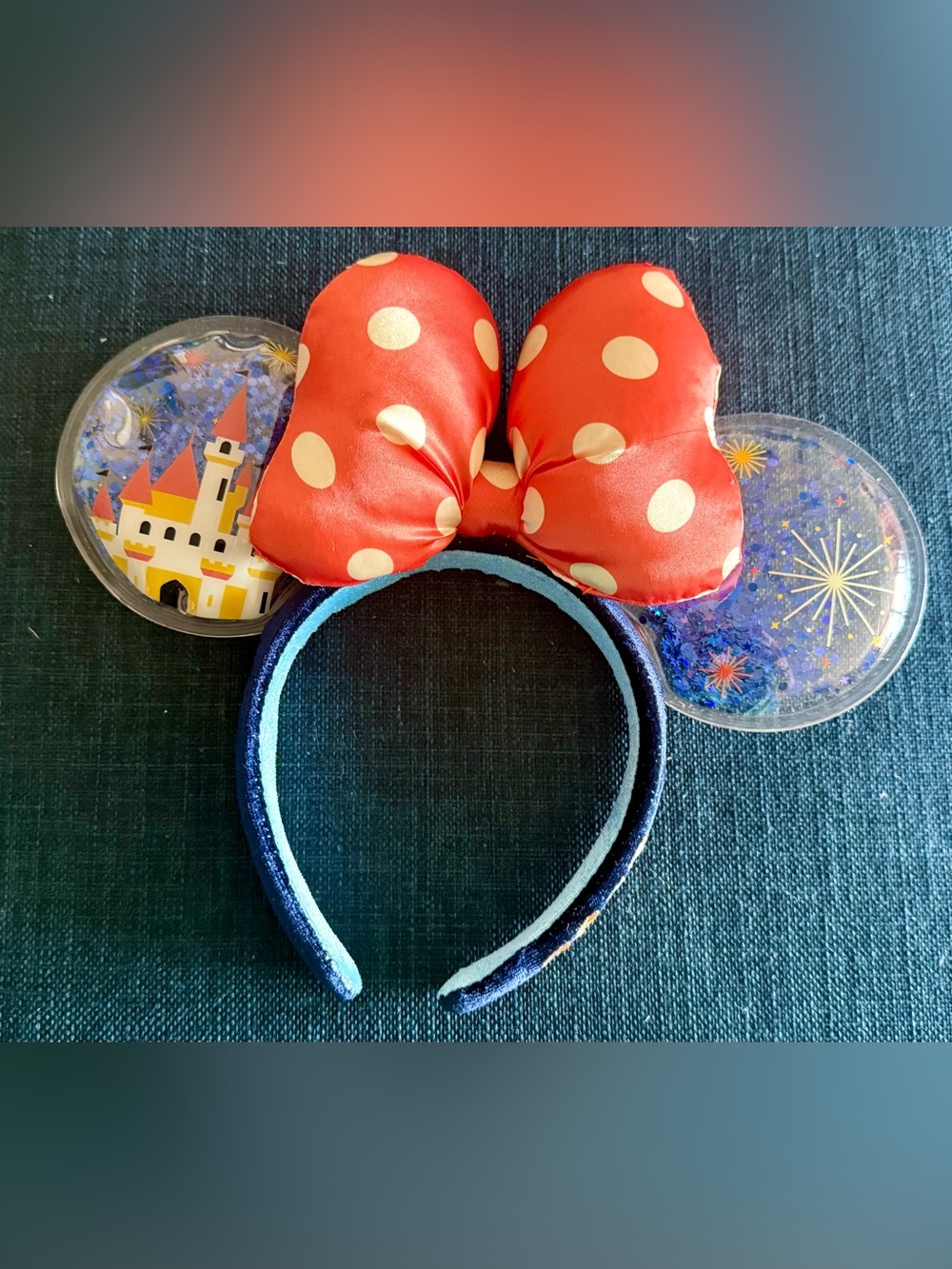 Disney Minnie Mouse Orange Polka Dot Bow Castle Sparkle Ears Headband